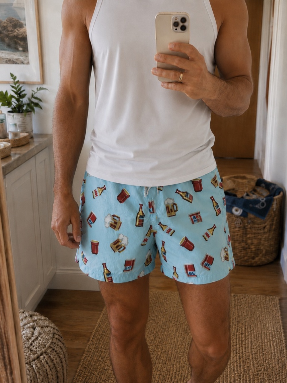 Party Pants Beer & Brats Swim Trunks Mens L Blue Beer Print Lined Shorts PR20119